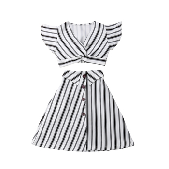 2Pcs Striped Children Kids Girls Party V-Neck Dress Crop Tops+ A-lined Striped Long Dresses Outfit Sets